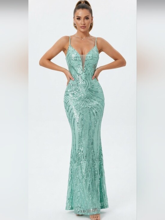 Dresses & Skirts - Mint Green,  Geo Print, Sleeveless, Beaded Draped Back,  Sequined Mermai…CUSTOM
